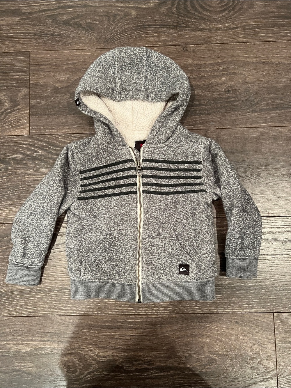 Quiksilver Heather Gray Sherpa-Lined Zip Hoodie with Chest Stripes